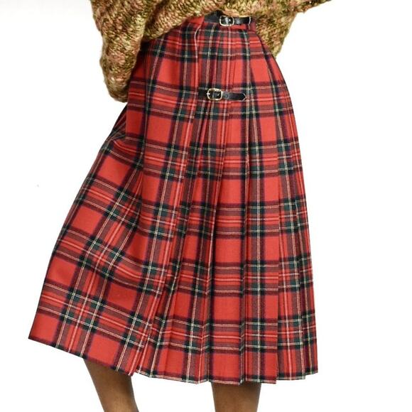 Chaus Tartan Skirt Red Vintage Midi Plaid Check Kilt Pleats Wrap Wool Size Small - Picture 1 of 12